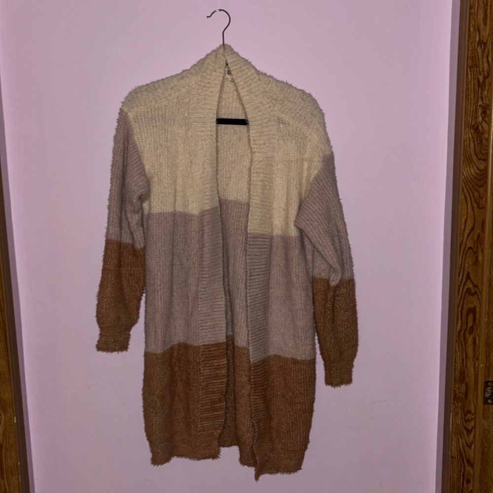 Tricolor long sleeve cardigan, very soft, size XL, brand is “BiBi” never worn